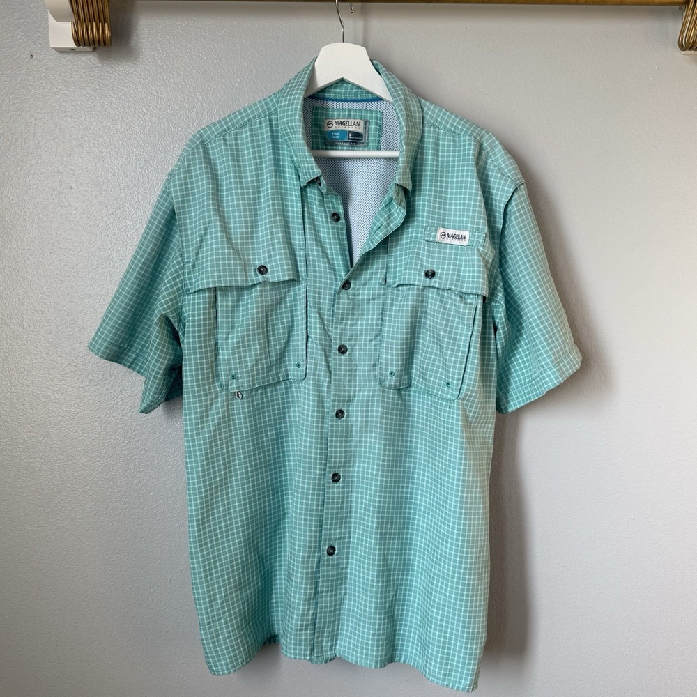 Magellan Outdoors Men L Aransas Pass Aqua Mini Check Short‎ Sleeve Shirt Stains